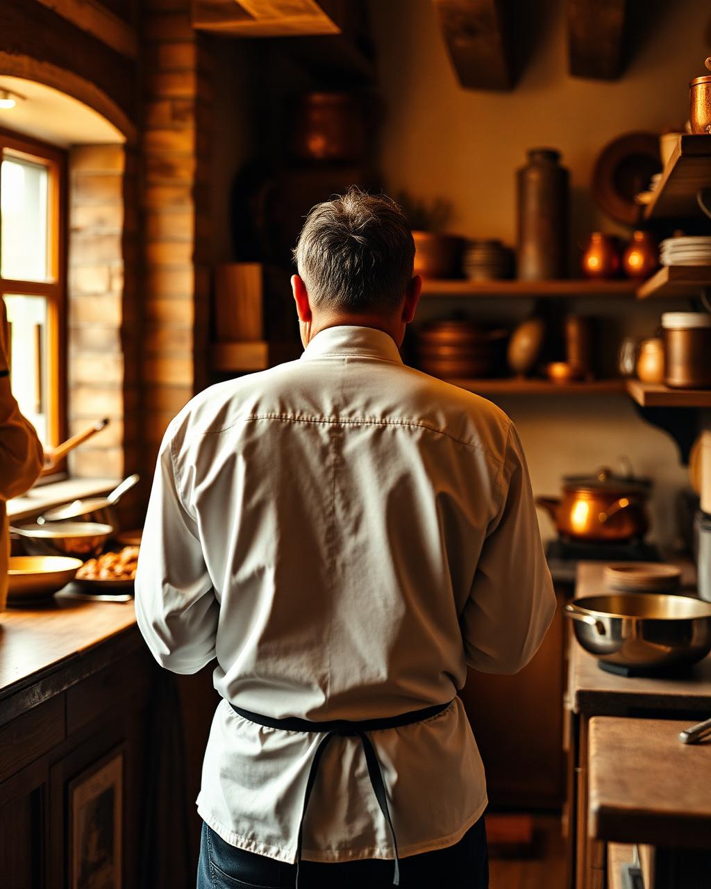 Cuisinier de dos préparant un plat dans une cuisine artisanale chaleureuse