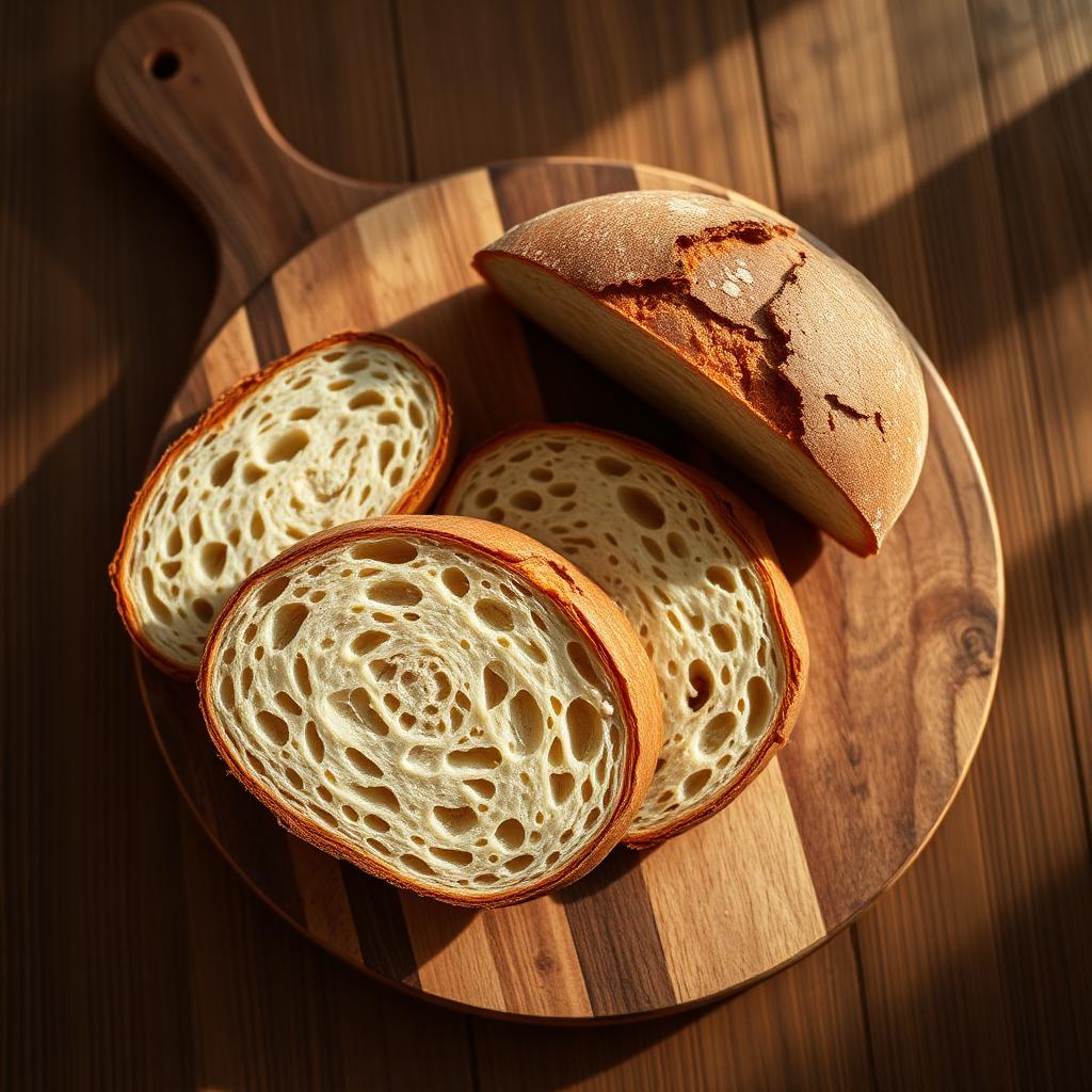 Pain au levain artisanal tranché sur planche en bois